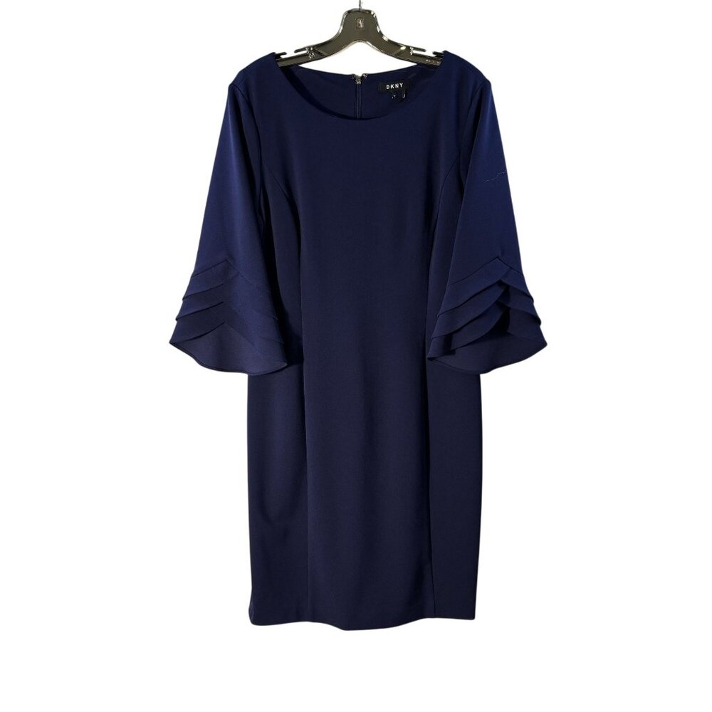 DKNY Navy Blue Bell Sleeve Sheath Dress With Tiered Ruffle Detail Zipper Closure - Picture 2 of 8